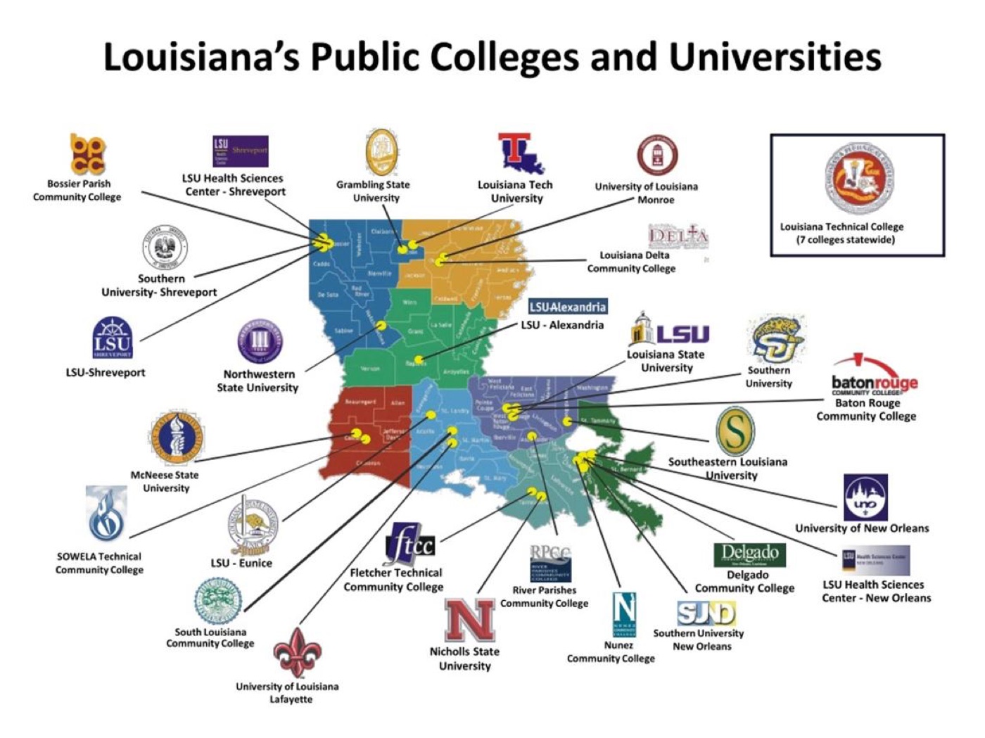Map of Louisiana showing the state's public colleges and universities from Baton Rouge Community College to LSU to UNO